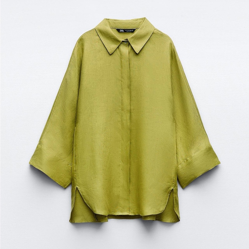Zara 100% Linen Olive Green Wide Sleeve Loose Button Down Shirt US XS